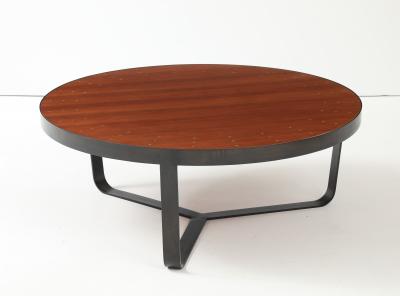 Contemporary Walnut Top Coffee Table W Brass Details and Blackened Steel Frame