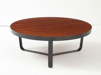 Contemporary Walnut Top Coffee Table W Brass Details and Blackened Steel Frame