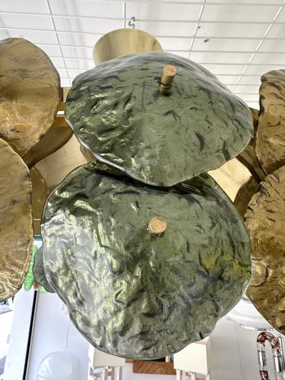 Contemporary Water Lily Chandelier Brass and Murano Glass Italy