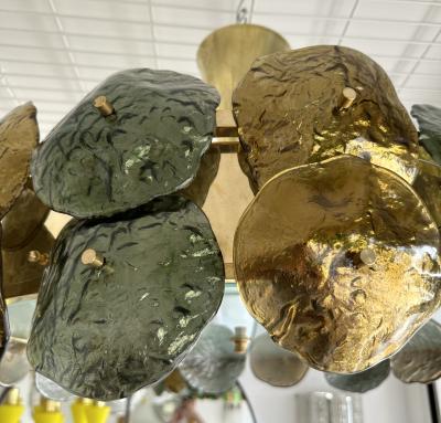 Contemporary Water Lily Chandelier Brass and Murano Glass Italy