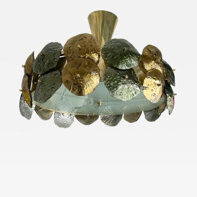 Contemporary Water Lily Chandelier Brass and Murano Glass Italy