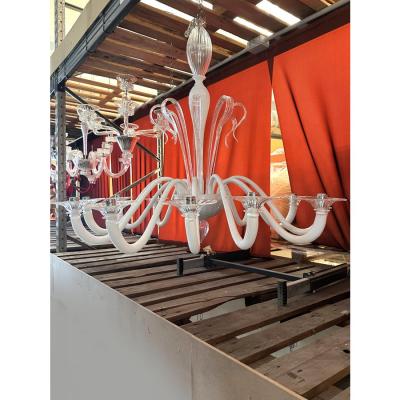 Contemporary White With Transparent Leaves Murano Glass Chandelier