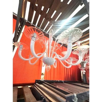 Contemporary White With Transparent Leaves and Boubeches Murano Glass Chandelier