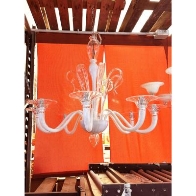 Contemporary White With Transparent Leaves and Boubeches Murano Glass Chandelier