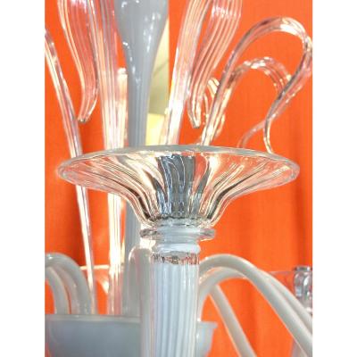 Contemporary White With Transparent Leaves and Boubeches Murano Glass Chandelier