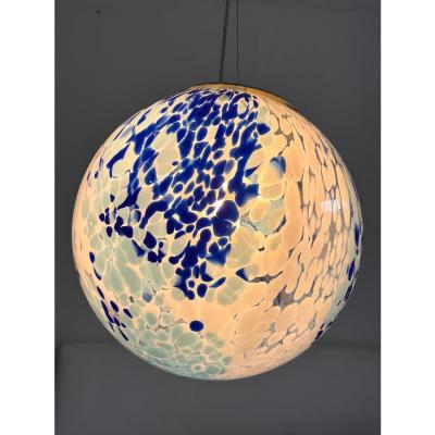Contemporary White and Blue Spots Sphere Pendant Light in Murano Glass