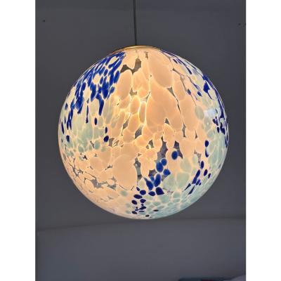 Contemporary White and Blue Spots Sphere Pendant Light in Murano Glass