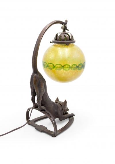 Continental Austrian Cat Lamp With Loetz Shade