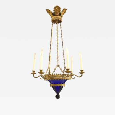 Continental Baltic Gilt Bronze and Blue Glass Chandeliers
