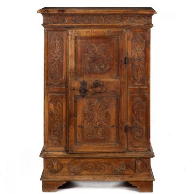 Continental Heavily Worn Carved One Door Cupboard Cabinet of Small Size
