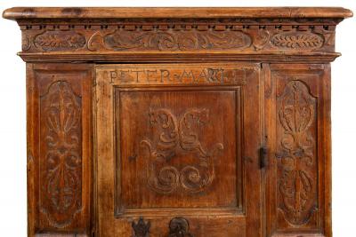 Continental Heavily Worn Carved One Door Cupboard Cabinet of Small Size