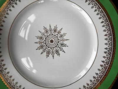 Continental Neo classic style white and green bordered porcelain dinner plates