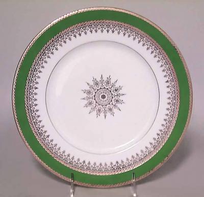 Continental Neo classic style white and green bordered porcelain dinner plates