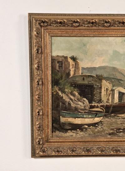 Continental Oil Painting of Fishing Village probably Italy circa 1900