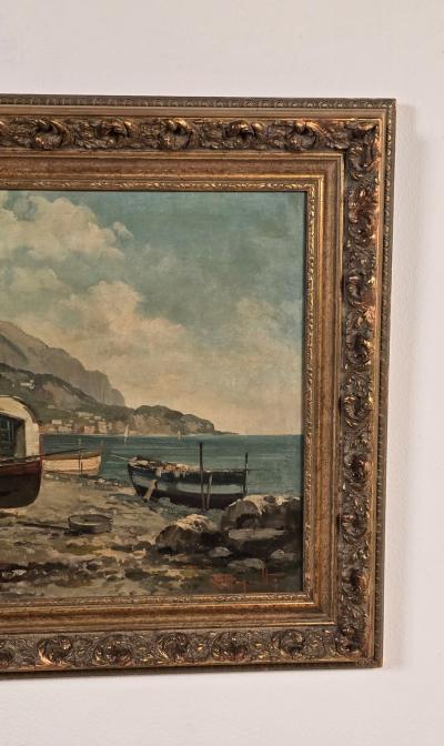 Continental Oil Painting of Fishing Village probably Italy circa 1900