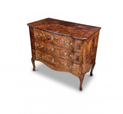 Continental Rococo Style Burl Walnut Arbal te form 3 drawer Commode