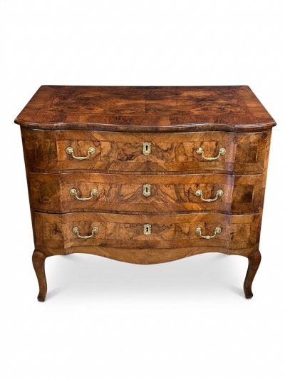 Continental Rococo Style Burl Walnut Arbal te form 3 drawer Commode