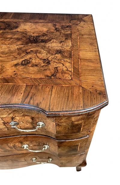 Continental Rococo Style Burl Walnut Arbal te form 3 drawer Commode