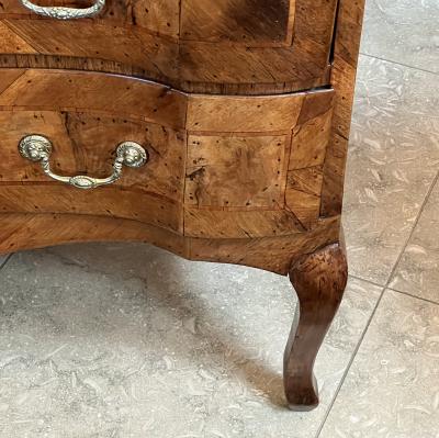 Continental Rococo Style Burl Walnut Arbal te form 3 drawer Commode