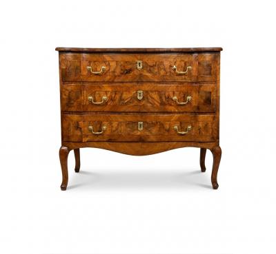 Continental Rococo Style Burl Walnut Arbal te form 3 drawer Commode
