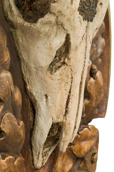 Continental Rustic Wall Plaque Featuring an Elk Skull with a Painted Insignia