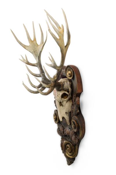 Continental Rustic Wall Plaque of Elk Head with Red Painted E on Curved Plaque