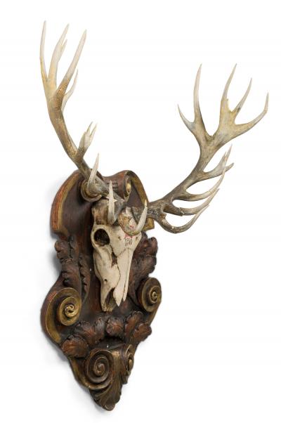 Continental Rustic Wall Plaque of Elk Head with Red Painted E on Curved Plaque