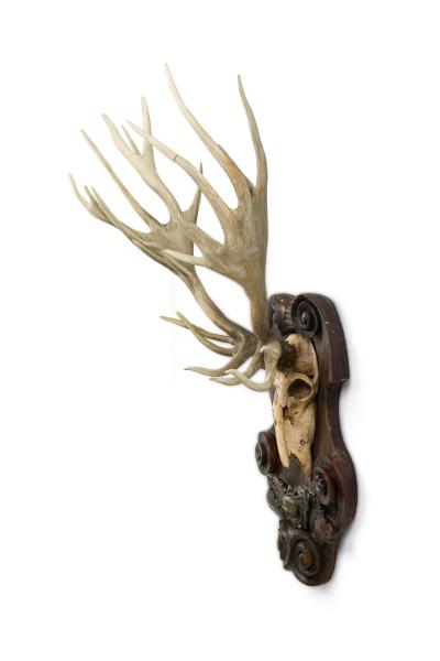 Continental Rustic Wall Plaque of Elk Skull with Cross Insignia Painted