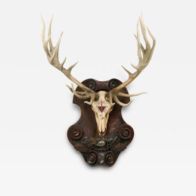 Continental Rustic Wall Plaque of Elk Skull with Cross Insignia Painted