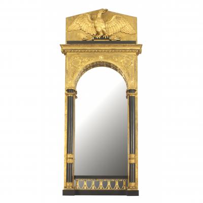 Continental Swedish Empire Gilt and Ebonized Eagle Pediment Wall Mirror