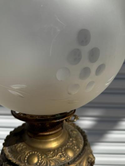 Converted 19th C Ornate Brass Oil Lantern Table Lamp w Etched Globe Shade