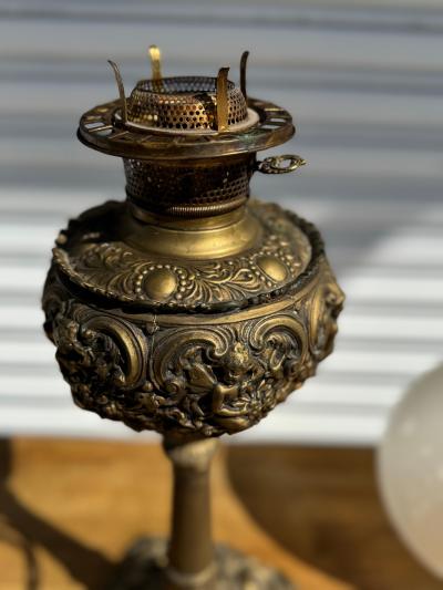 Converted 19th C Ornate Brass Oil Lantern Table Lamp w Etched Globe Shade