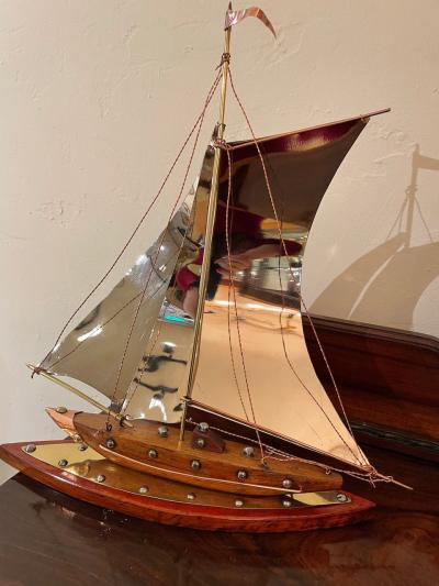 Copper Chrome Brass and Wooden Sailing Boat Sculpture