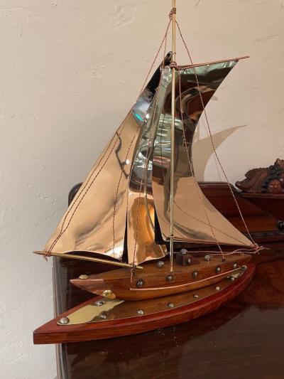 Copper Chrome Brass and Wooden Sailing Boat Sculpture