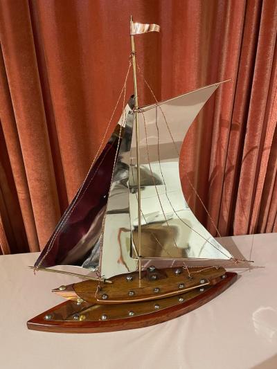 Copper Chrome Brass and Wooden Sailing Boat Sculpture