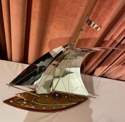 Copper Chrome Brass and Wooden Sailing Boat Sculpture