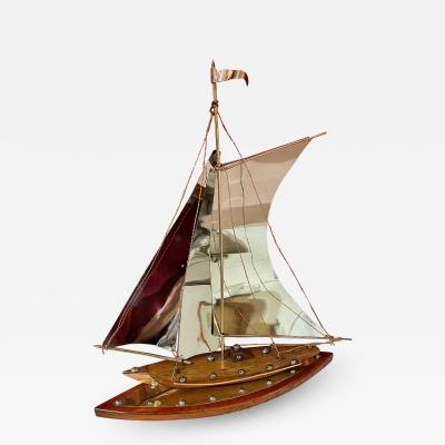 Copper Chrome Brass and Wooden Sailing Boat Sculpture