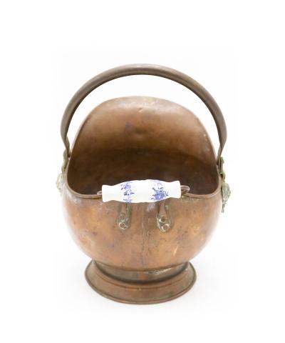 Copper Coal Scuttle with Ceramic Blue and White Handle