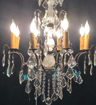 Copper Designed Metal and Crystal Chandelier with Centre Cut Glass Column