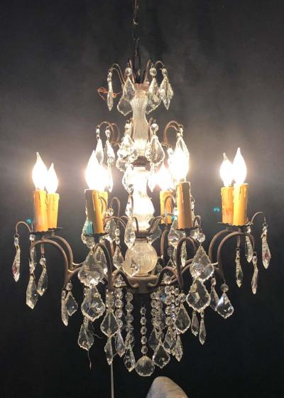 Copper Designed Metal and Crystal Chandelier with Centre Cut Glass Column