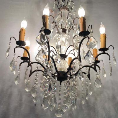 Copper Designed Metal and Crystal Chandelier with Centre Cut Glass Column