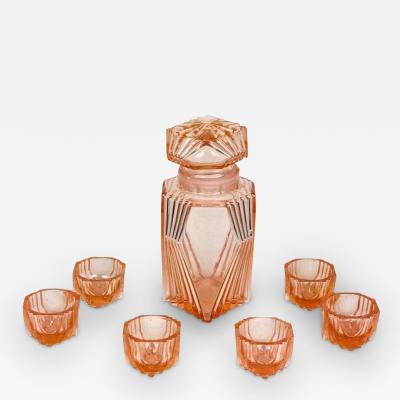 Coral Colored Art Deco Glass Decanter Set With 6 Shot Glasses Austria ca 1920