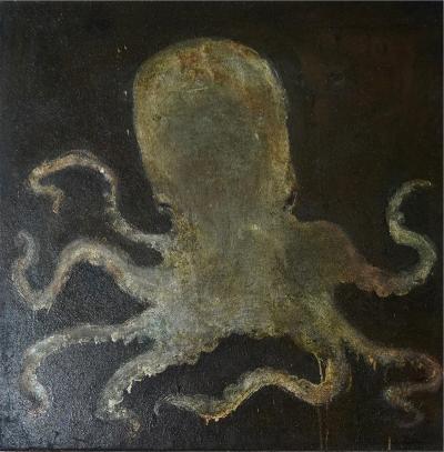 Corinne Tichadou OCTOPUS WITH BLACK BACKGROUND Oil painting on canvas