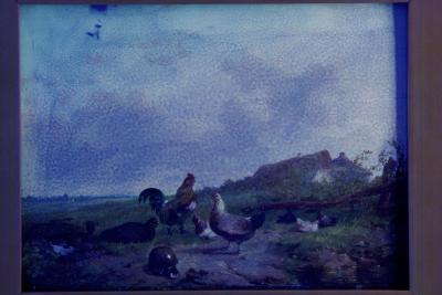 Cornelis Van Leemputten Chickens w Duck Rooster Landscape Painting by Cornelis van Leemputten