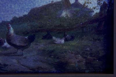 Cornelis Van Leemputten Chickens w Duck Rooster Landscape Painting by Cornelis van Leemputten