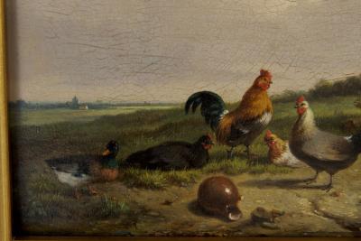 Cornelis Van Leemputten Chickens w Duck Rooster Landscape Painting by Cornelis van Leemputten