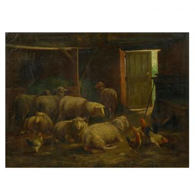 Cornelis Van Leemputten Painting of Sheep in Barn by Cornelis van Leemputten Belgian 1841 1902 