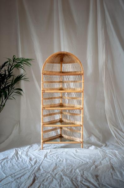 Corner Bookcase in Bamboo and Rattan 1970s