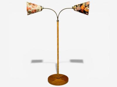 Corona Belysning Floor Lamp Wood Brass Fabric Sweden 1940s