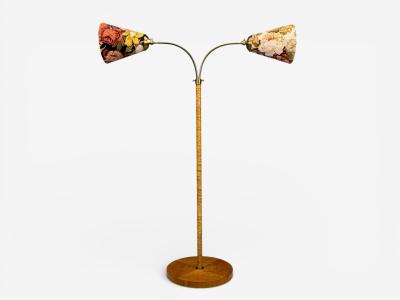 Corona Belysning Floor Lamp Wood Brass Fabric Sweden 1940s